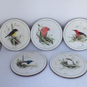 Five bird coaster with cork backing.